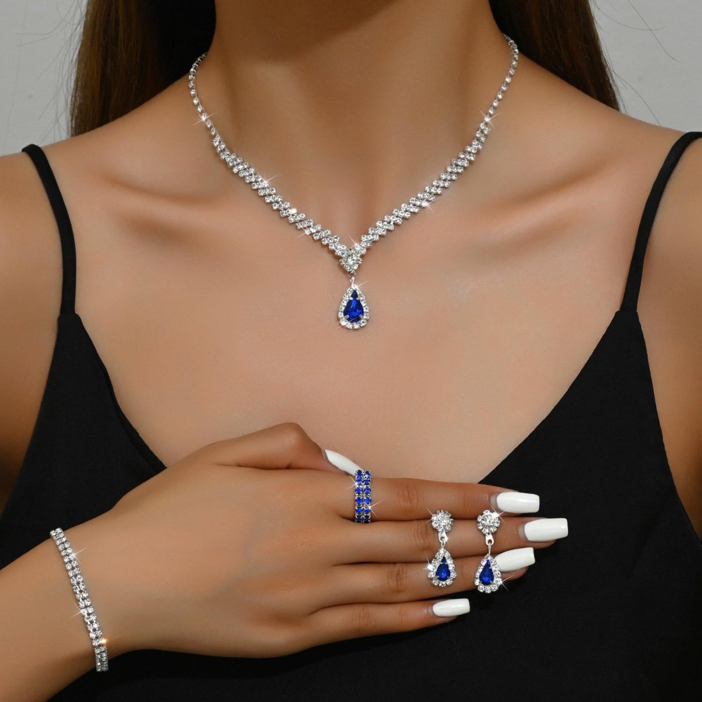 IS4U Rhinestone Water Drop Set for Women Bridal Wedding Vintage Colourful Crystal Zircon Statement Necklace Ring Earrings Bracelet Set Party Dress Ball Fashion Jewellery (Blue)