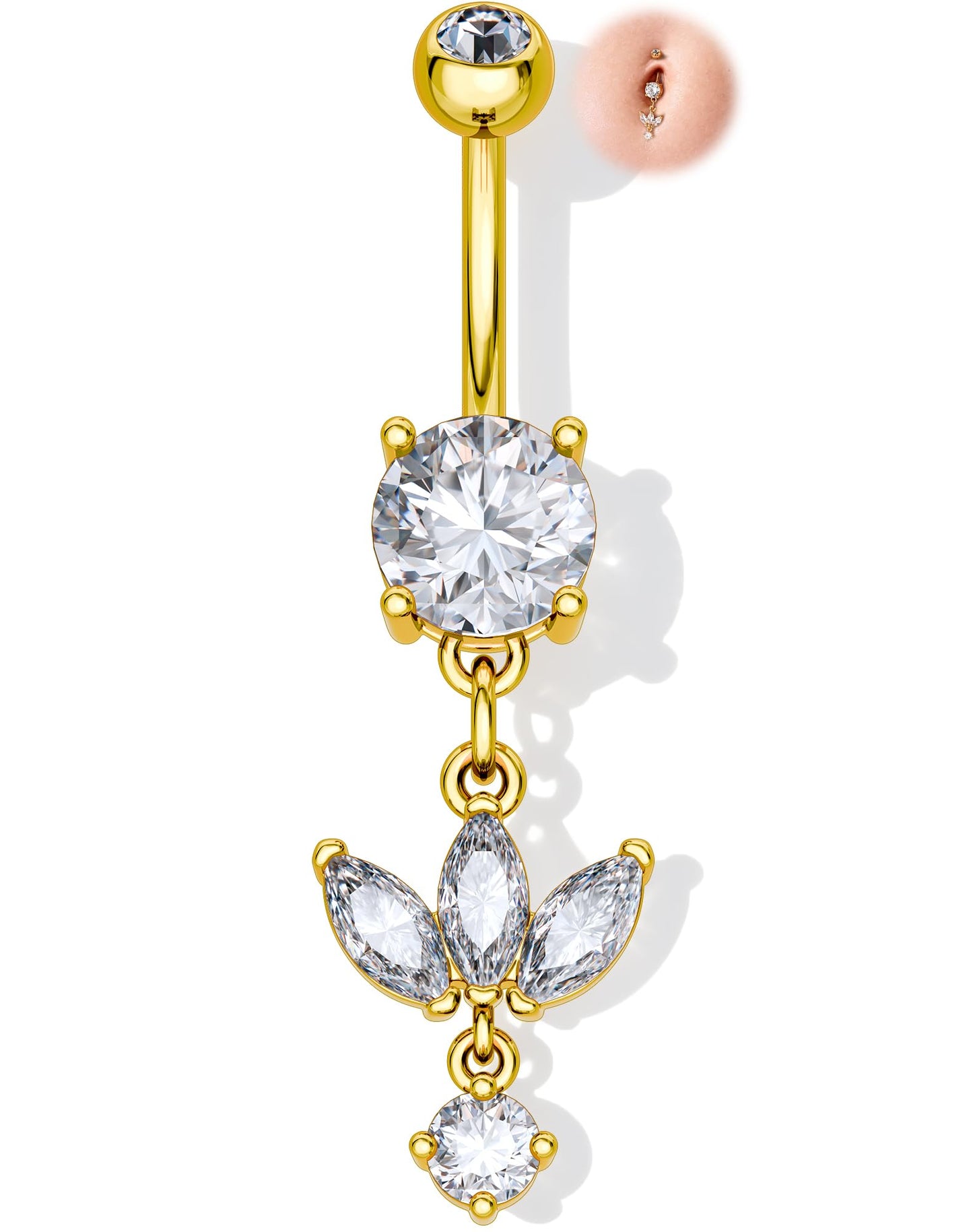 Melighting Minimalist Lotus Belly Button Ring 14G 10mm Navel Ring with Three Marquise CZ Petals and Dangling Round Zircon, 316L Stainless Steel Belly Piercing Jewelry in Gold