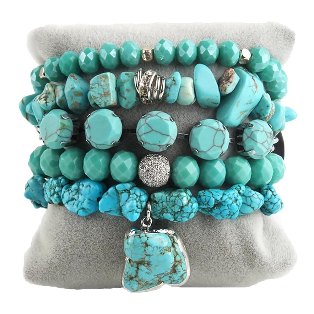 Yomisa Boho Beaded Bracelets for Women,Multilayer Wrap 5PCS Turquoise Healing Natural Stone Bead Bracelets Handmade Stackable Friendship Stretchy Beaded Bracelet Set Trendy Bohemian Jewelry Gift Women