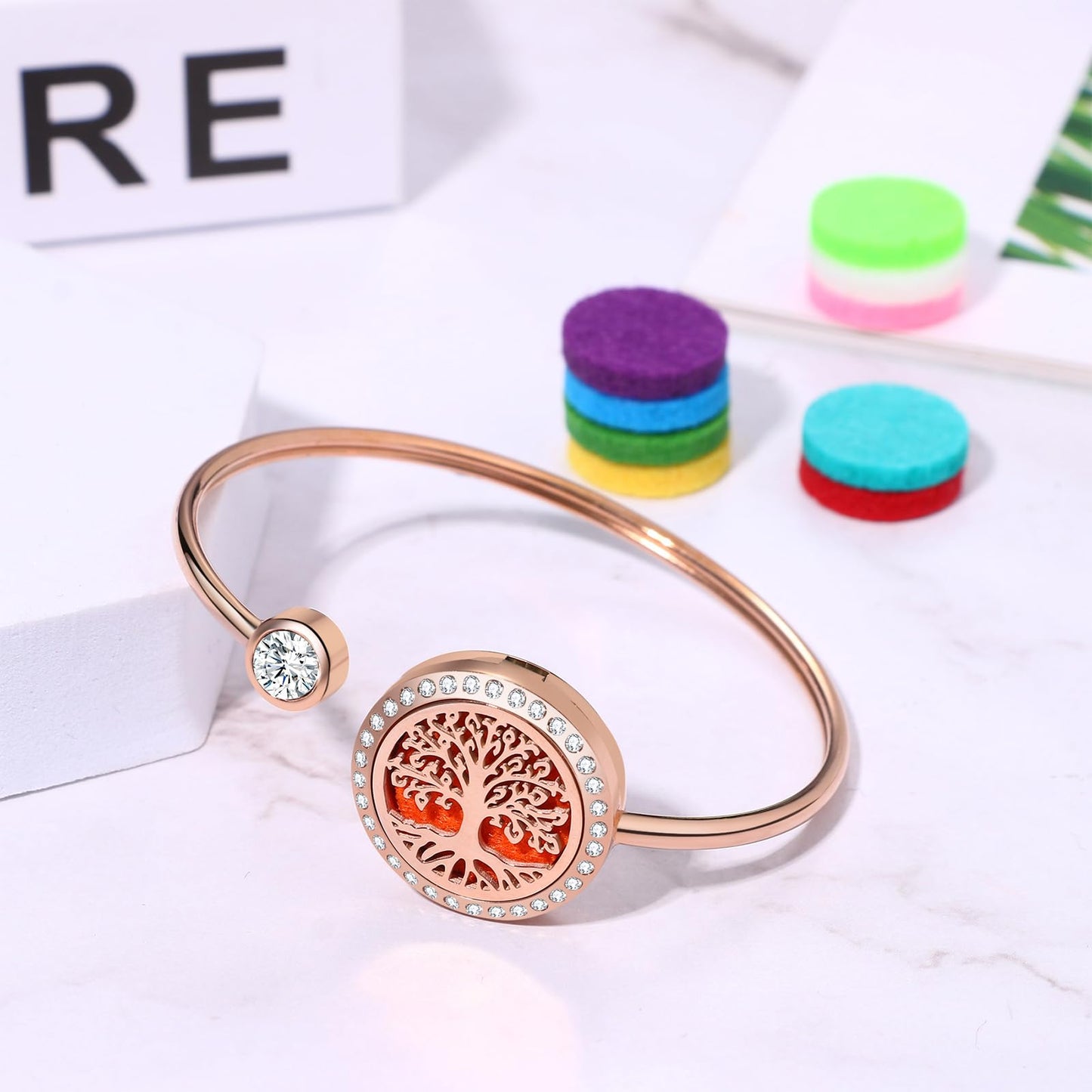 Cupimatch Essential Oil Diffuser Bracelet: Tree of Life Stainless Steel Aromatherapy Bracelets Adjustable with 10 Color Pads Jewelry Gift Set for Women for Mothers Day