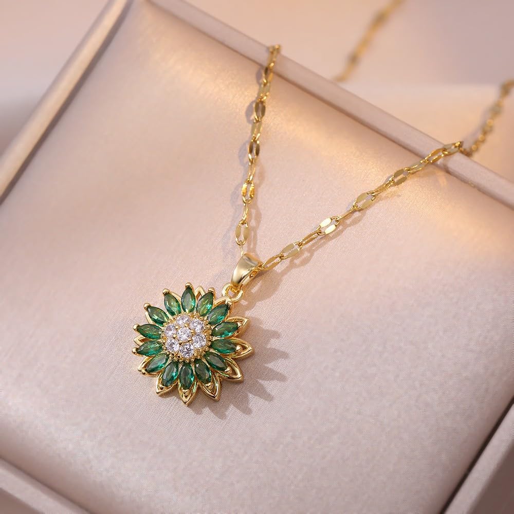 KONPJE Sunflower Fidget Necklace for Women Gold Moon Necklace Rotating Heart Necklaces Spinning Crystal Sunflower Anxiety Necklaces Crescent Moons Jewelry Accessories (Green)
