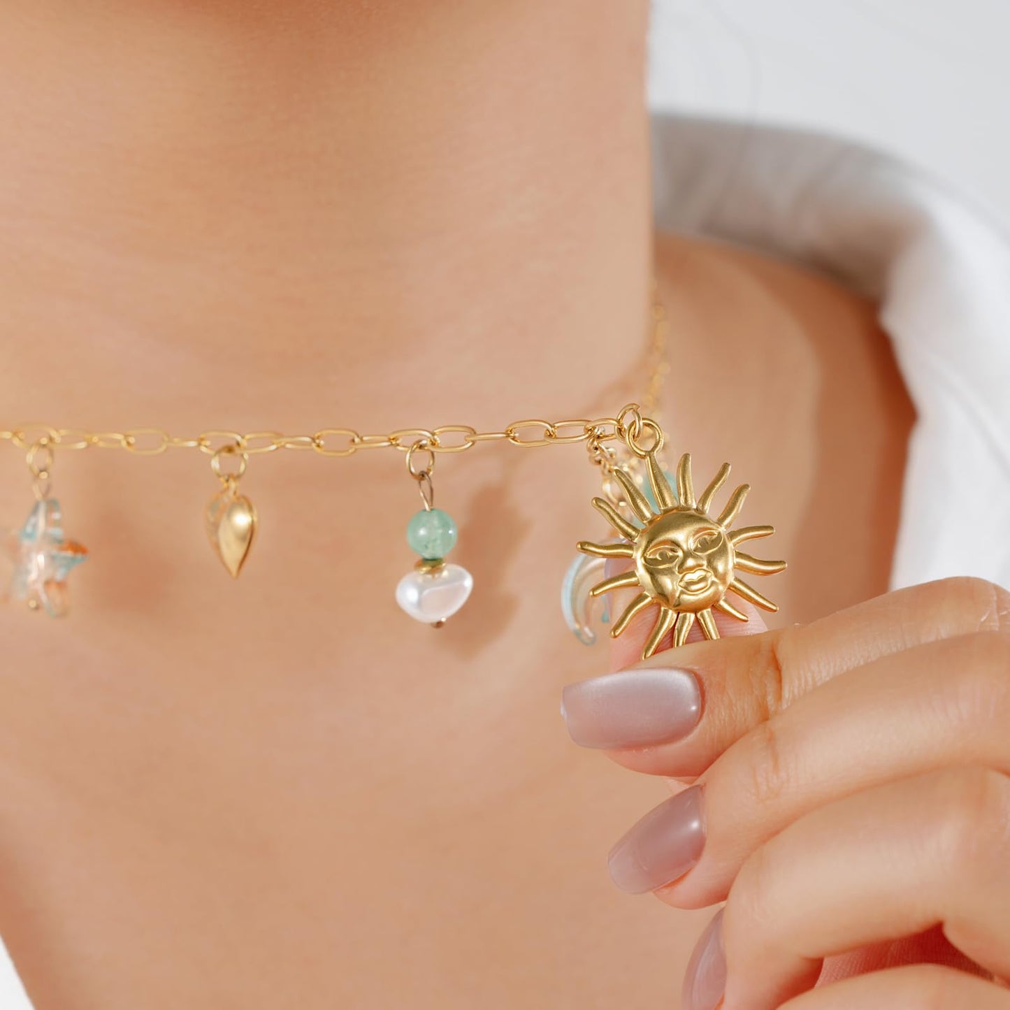 Chunky Gold Necklace Statement Boho Beach Ocean Summer Stainless Steel Jewelry Shell Starfish Turquoise Dolphin Pearl Sun Flower Wave Heart Fish Charm Choker Necklaces for Women(Sun Smile)