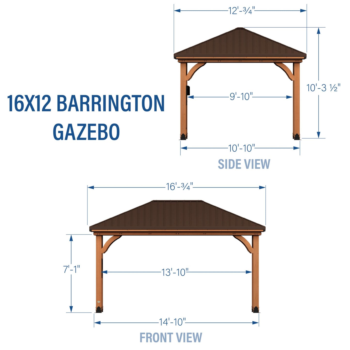 Backyard Discovery Barrington 16' x 12' Cedar Wood Outdoor Gazebo Pavilion with Hardtop Galvanized Steel Hip Roof, Snow Support, Wind Resistance, PowerPort, Shade for Garden, Patio, Deck, Entertaining