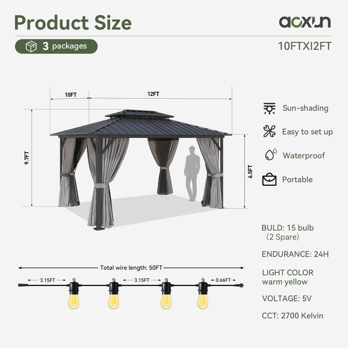 Aoxun 10'x12' Hardtop Gazebo, Aluminum Frame Canopy with Double Galvanized Steel Roof, Outdoor Metal Pavilion with Netting, and LED Outdoor Waterproof Hanging Lights