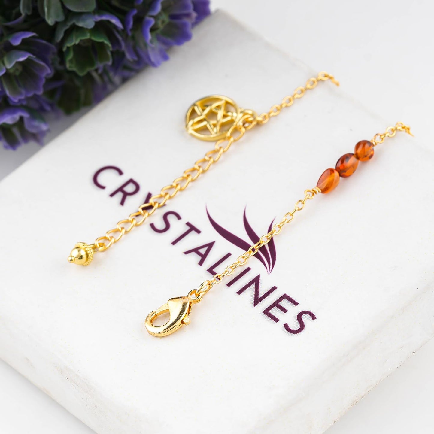 CRYSTALINES Natural Spessartite Garnet Gemstone Nuggets Beads, Handmade Station Dangle Star Charms Anklet, 14K Gold Plated, Adjustable Fashion Boho Jewelry for Women, Healing Crystals, Christmas Gift