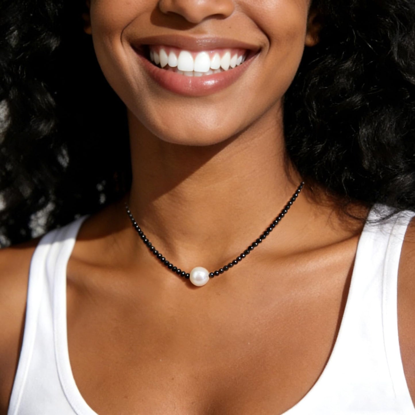 GEMTAL Dainty Single Pearl Pendant Necklaces for Women Trendy, Womens Black Stone Beaded Choker Necklace, Delicate Round Freshwater Pearl Necklace Jewelry Gift for Women Girls(Black/White)