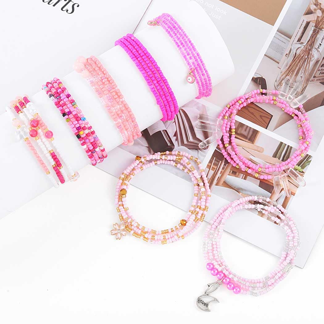 ELABEST 24-39inch African Waist Beads for Women 8Pcs Elastic Belly Beads Colorful Beaded Waist Jewelry Accessories Body Chain (Pink, 23.6inch/60cm)