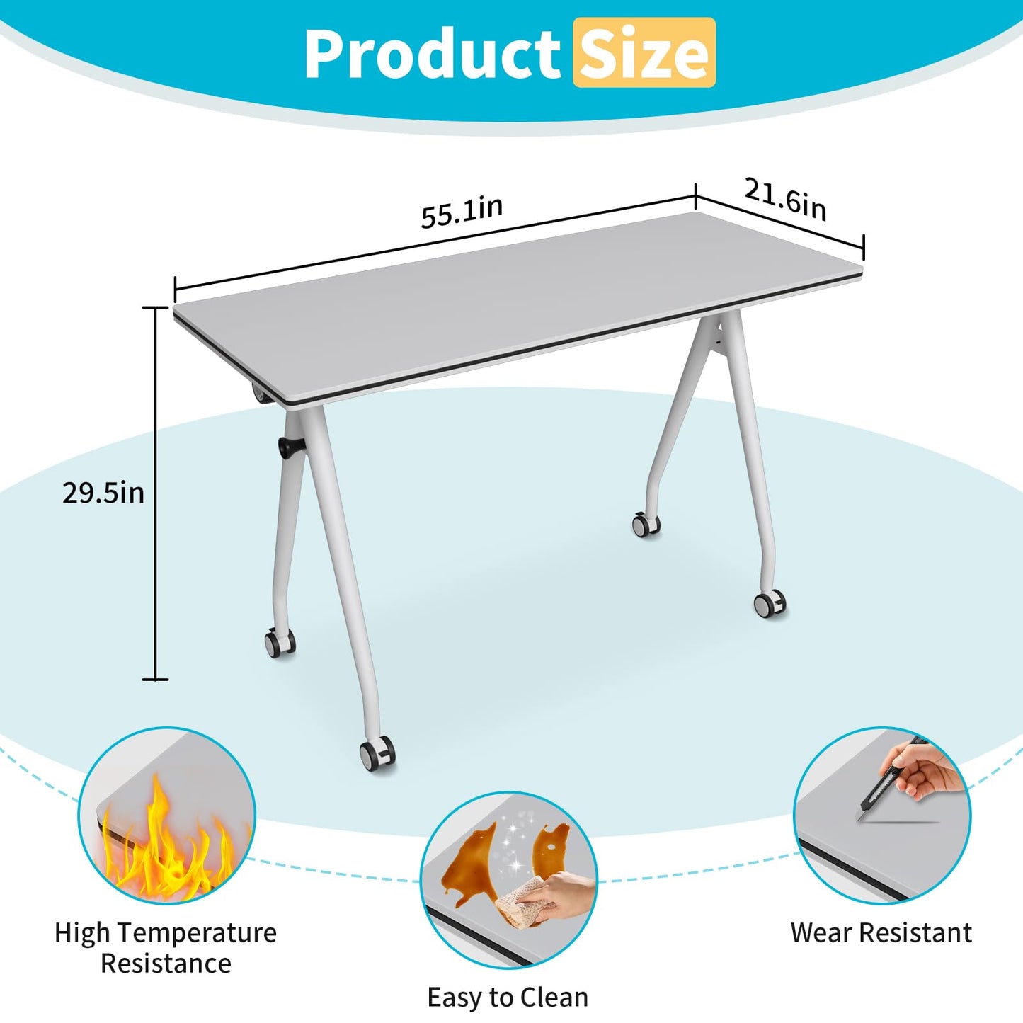 Conference Table with Wheels, Folding Conference Table with Knob & 4 Brake Casters, Modular Flip Top Mobile Conference Room Table for Office, Meeting, Training Room, Class (6, White, 55.1in)