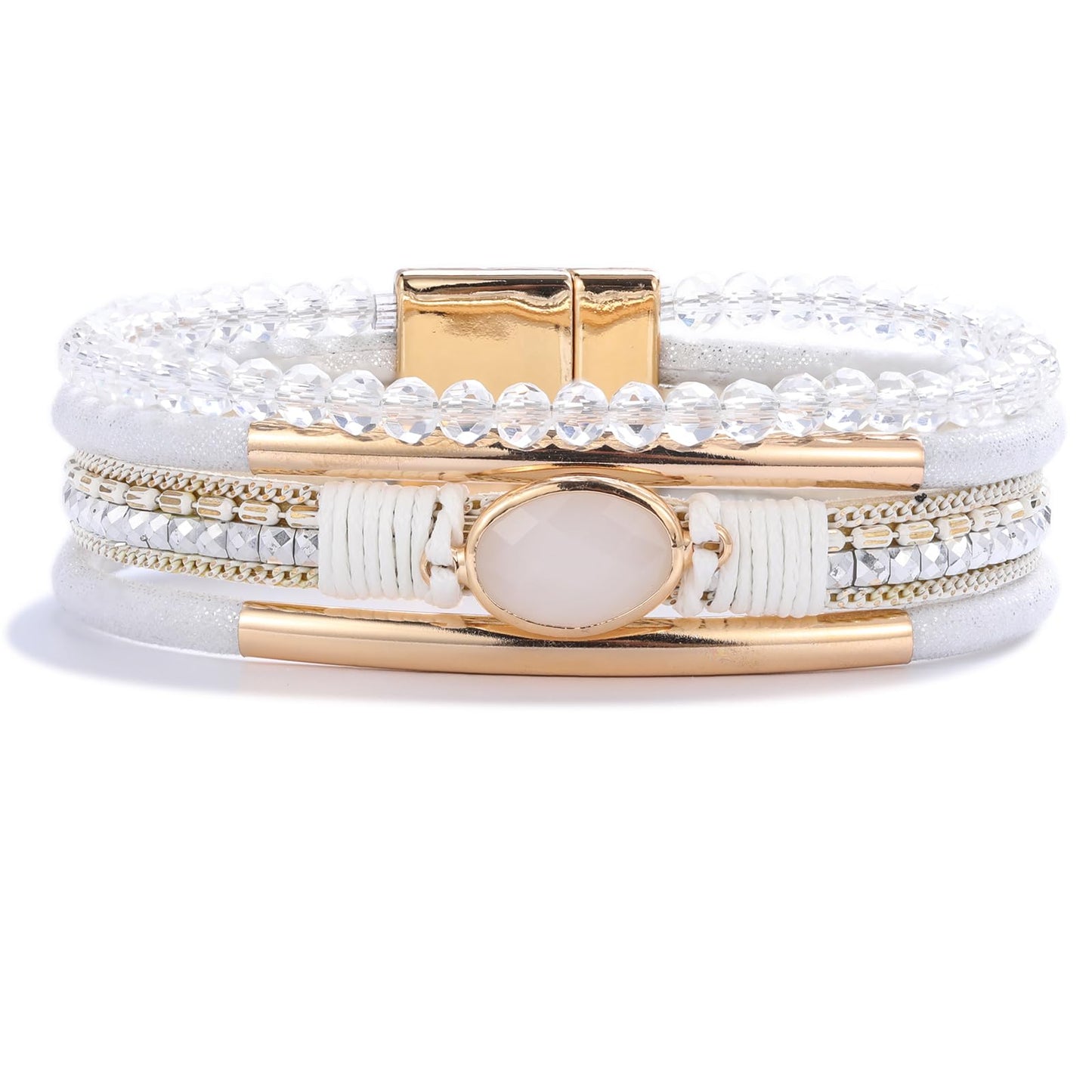 FANCY SHINY Leather Wrap Bracelets Crystal Beads Bracelet Boho Cuff Stone Charm Bracelets with Clasp Costume Jewelry for Women(White)