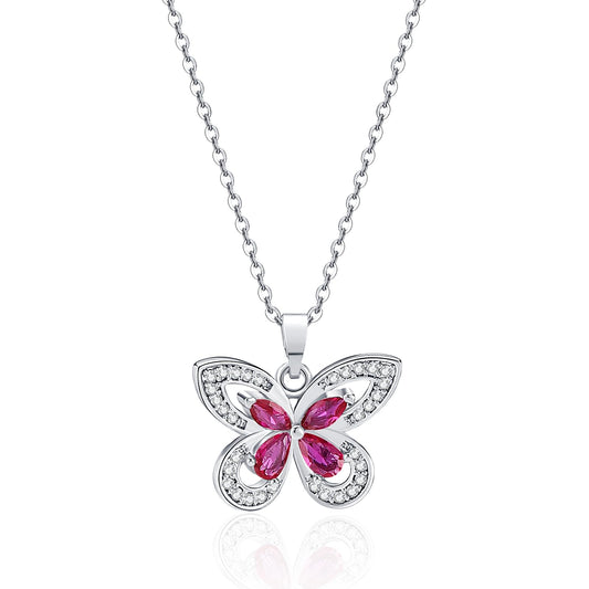 crataly Ruby Butterfly Necklace For Women-Silver Plated July Birthstone Necklace For Valentine's Day Mother's Day Christams Birthday Gifts