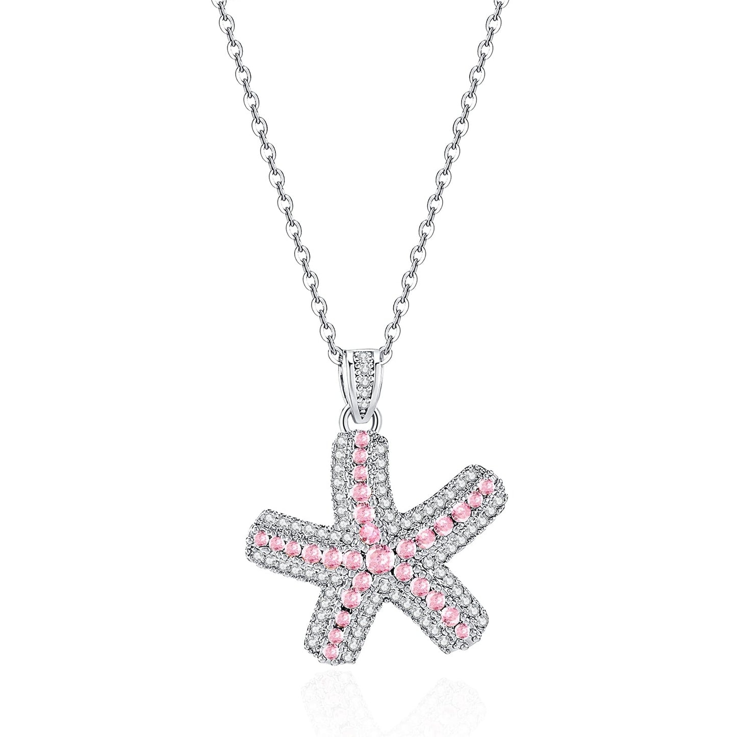 crataly Rose Quartz And CZ Starfish Necklace For Women-Silver Plated October Birthstone Necklace For Valentine's Day Mother's Day Christams Birthday Gifts