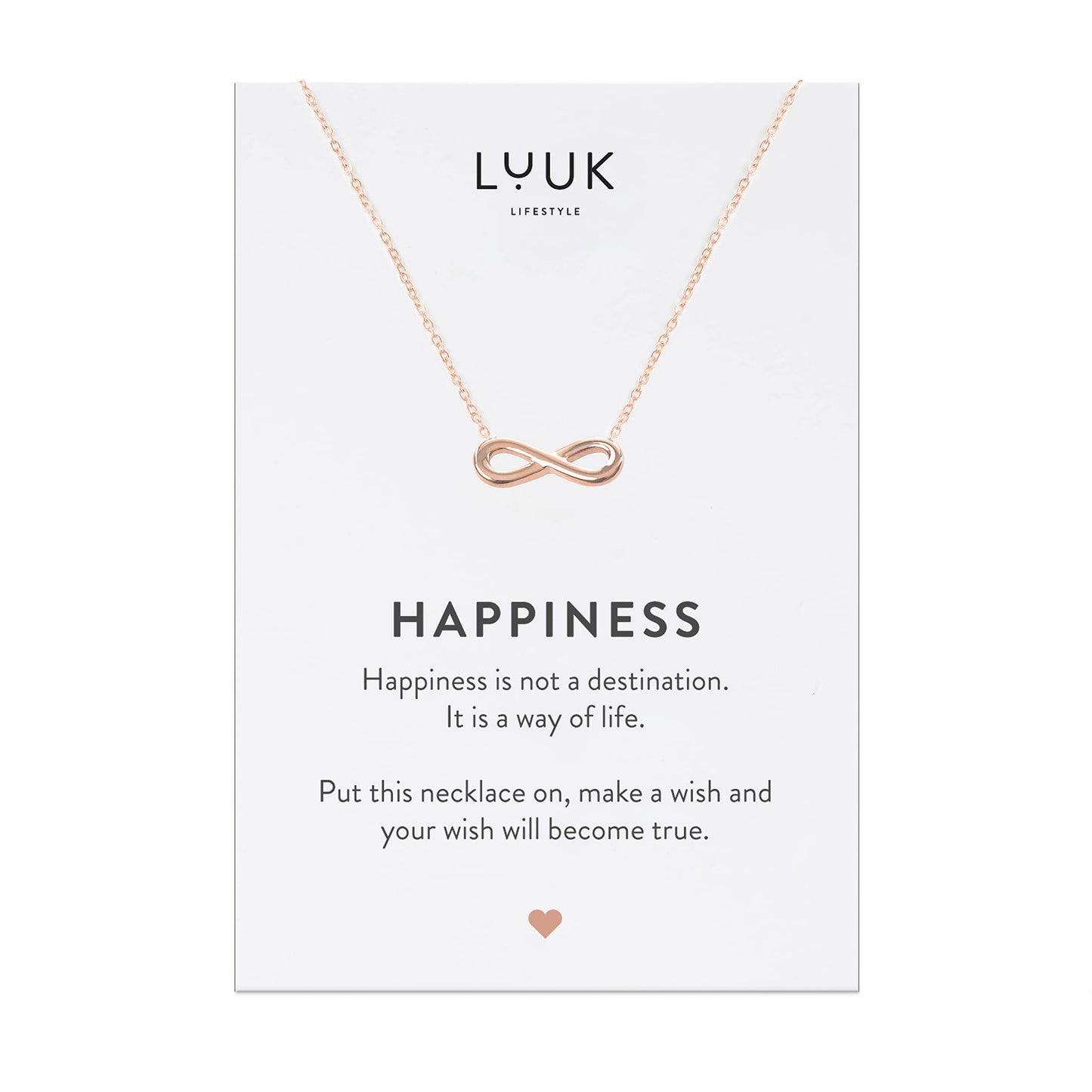 LUUK LIFESTYLE Filigree necklace in fine design with eternal love pendant and HAPPINESS gift card, 19” chain length, stainless steel, jewel to offer, trendy gift idea for women and teenager, rose gold