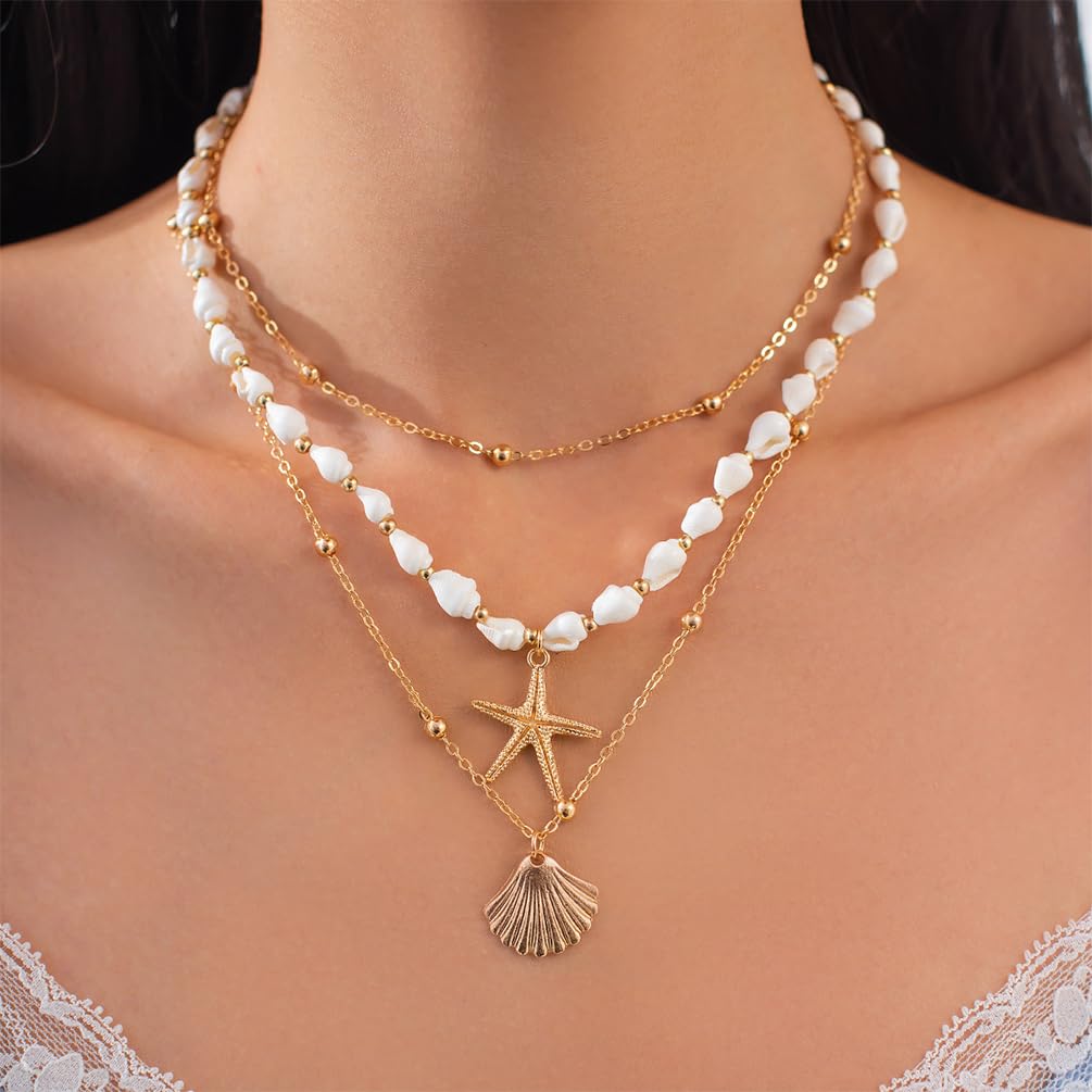 Gold Starfish Conch Oval Pearl SeaShell Necklace for Women Trendy, Statement Boho Shell Pearls Beaded Chain Necklaces Holiday Beach Party Jewelry (Gold-1)