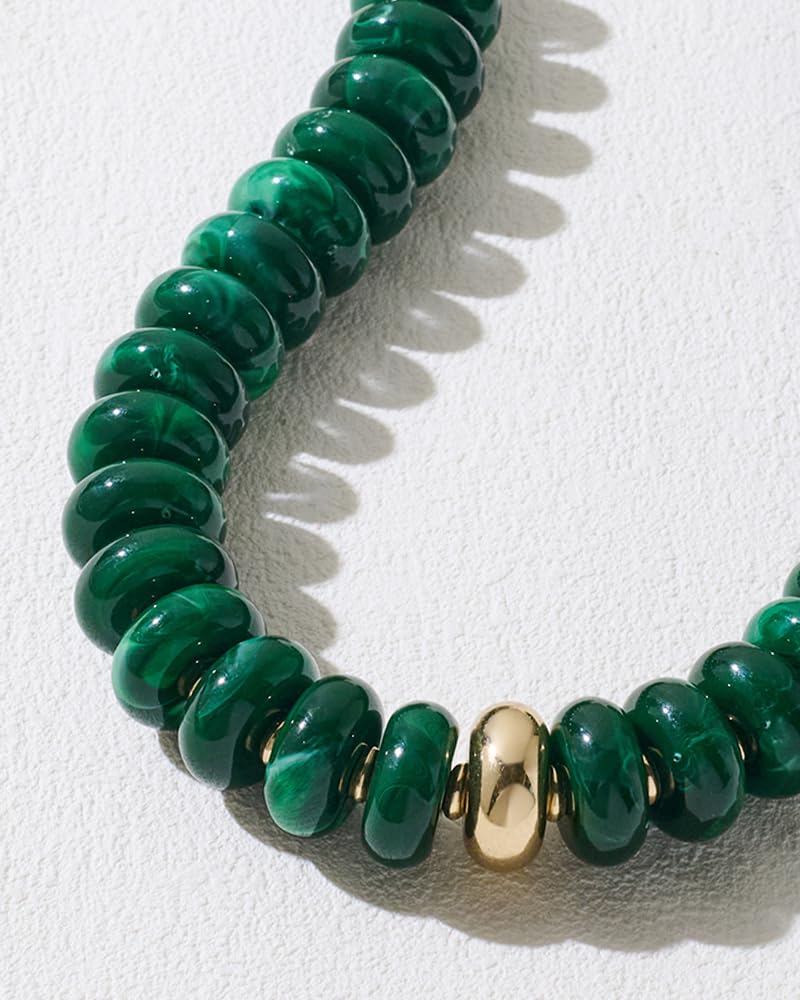 FAUTHENTICUTE Emerald Green Beaded Statement Necklace for Women Dark Green Acrylic Resin Bead Strand Necklace With Gold Accent Trendy Beach Choker Perfect Summer Jewelry Mothers Day Gifts