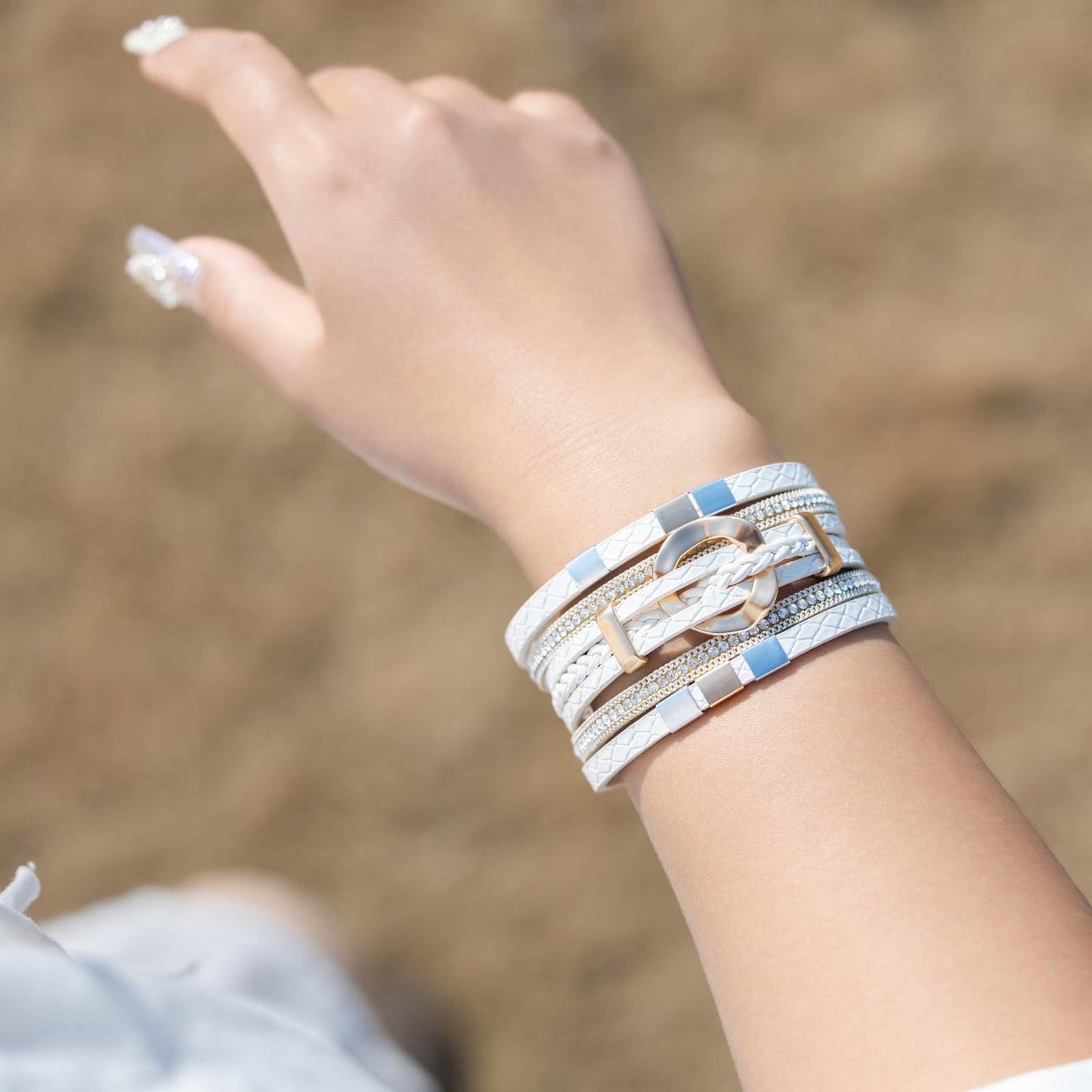FANCY SHINY Boho Leather Wrap Bracelets Circle Square Bead Braided Handmade Stackable Bracelet Trendy Cuff Bangle for Women(White)