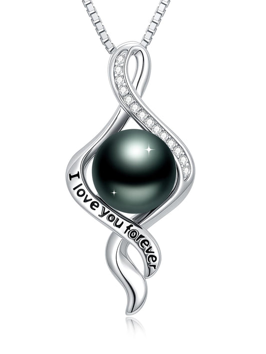 KANNSOAR Tahitian Black Pearl Necklace, 18K Gold Plated, I Love You Forever Pendant 9MM Pearl Jewelry Anniversary Wedding Valentines Day Christmas Mothers Day Gift for Women