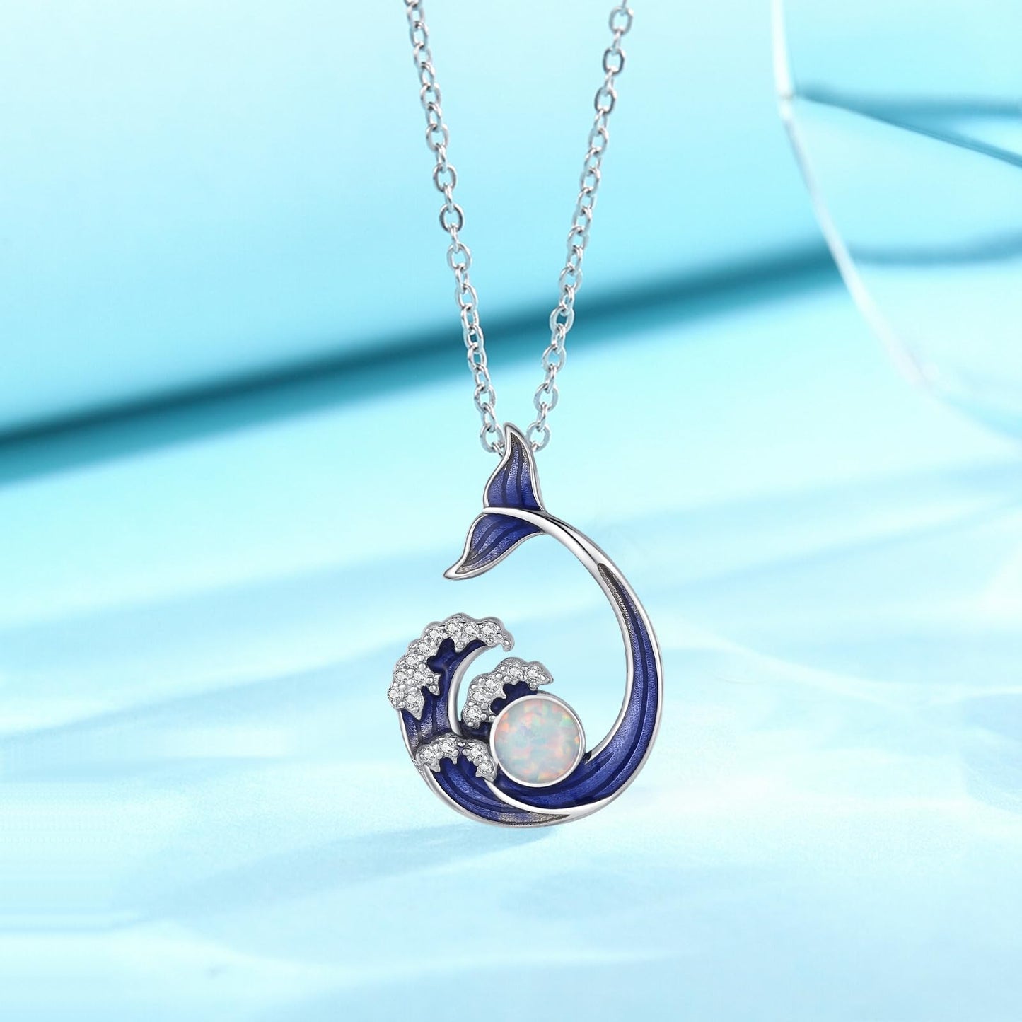 KoyeKei Whale Tail Necklace for Women 925 Sterling Silver Whale Tail Wave Necklace Wave Opal Ocean Themed Pendant Beach Jewelry Graduation Gifts for Wife Sister Lover
