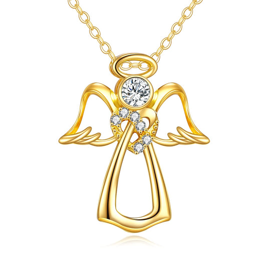 Yellow Gold Guardian Angel Necklace Heart Crystal Angel Wings Pendant Necklace Gift for Women Daughter Wife Girlfriend (Angel02)