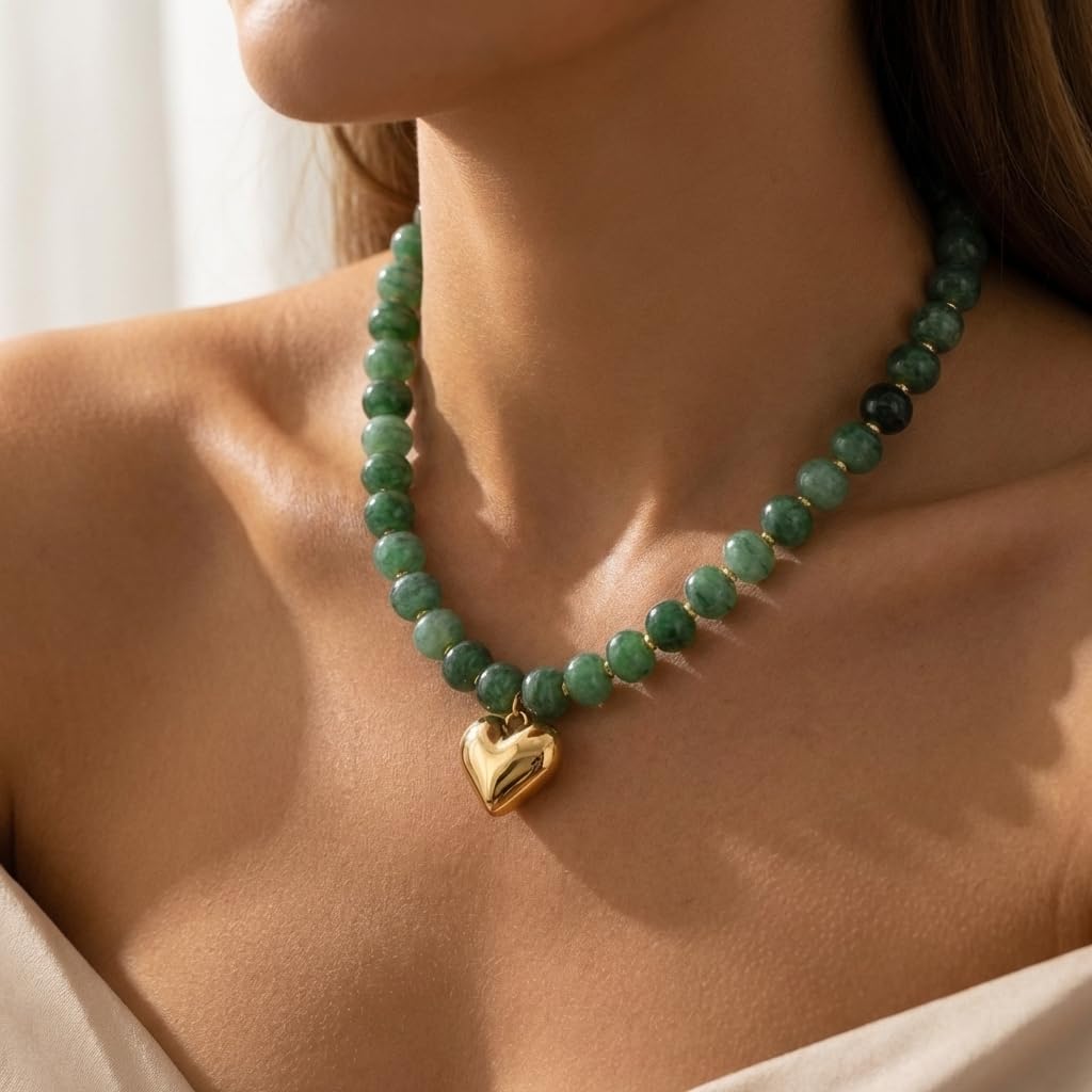 Frigotine Chunky Heart Necklace for Women, Green Acrylic Resin Beaded Choker with Gold Puffy Heart Pendant, Trendy Statement Jewelry Gift