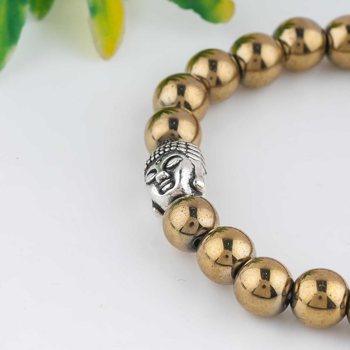 CRYSTALINES Buddha Charm Stretchable Braceclet, Natural Golden Pyrite Gemstone Beads, Plain Round Stones, Handmade Boho Strech Bracelet, Adjustable Spiritual Healing Crystal Unisex Jewelry Gift