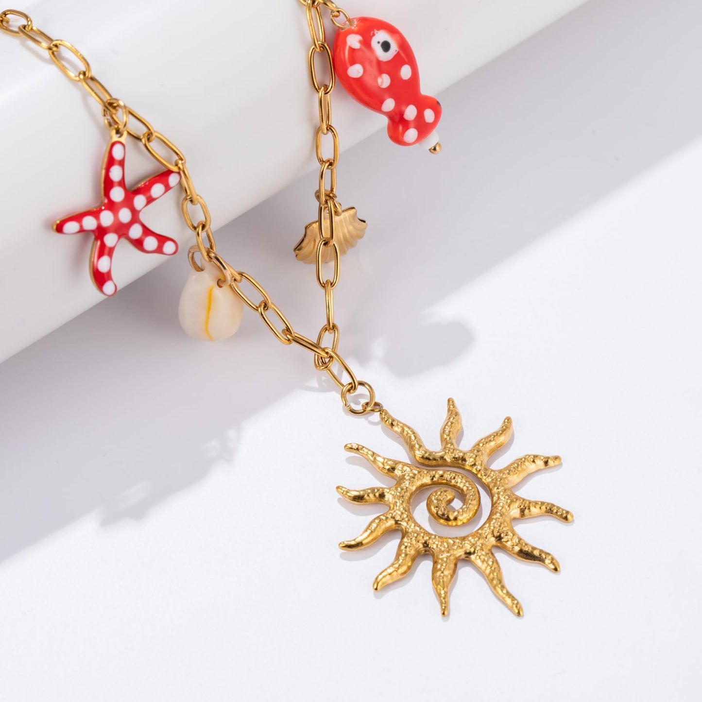 Chunky Gold Necklace Statement Boho Beach Ocean Summer Stainless Steel Jewelry Shell Starfish Turquoise Dolphin Pearl Sun Flower Wave Heart Fish Charm Choker Necklaces for Women(Sun)