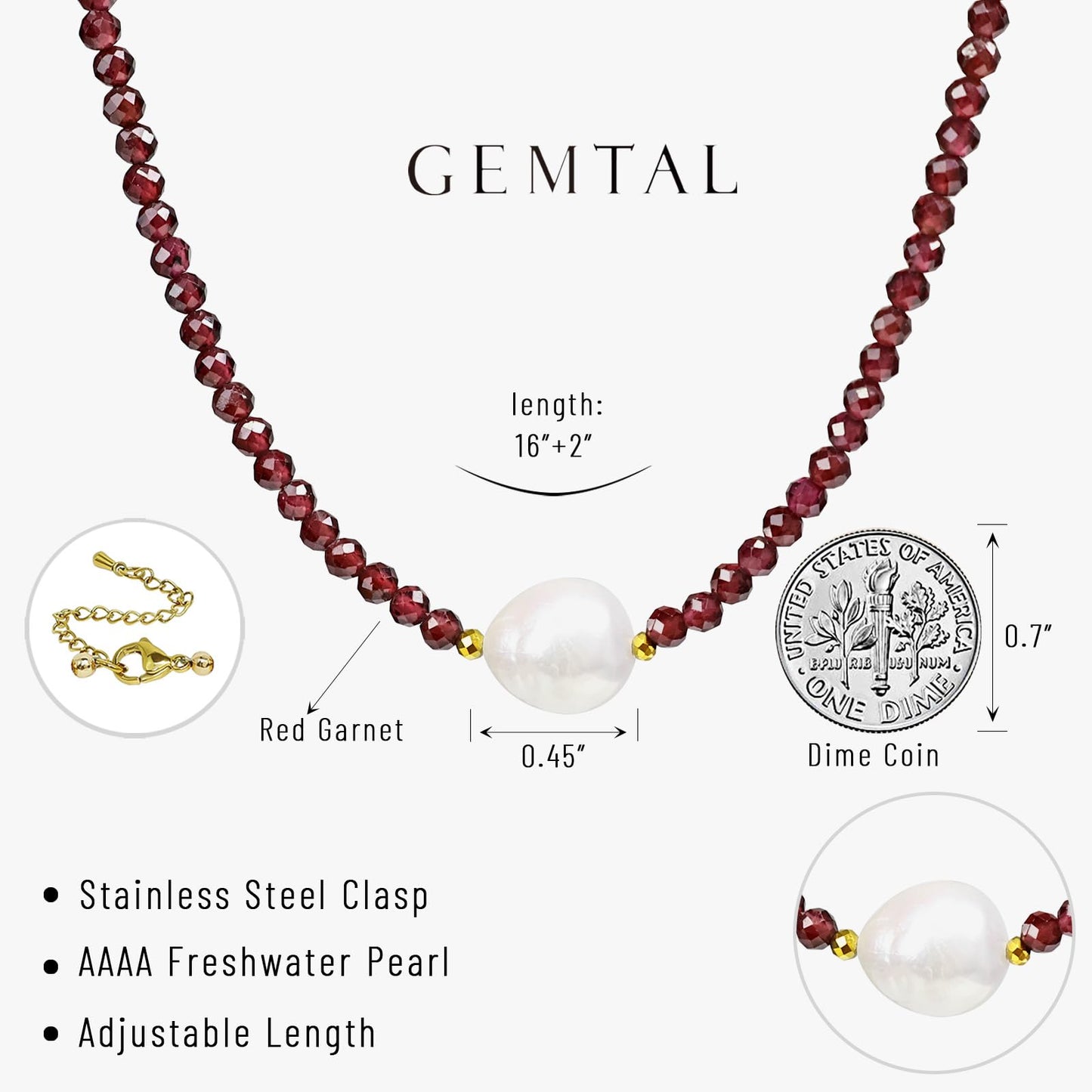GEMTAL Pearl Necklaces for Women Dainty Single Pearl Necklace Natural Freshwater Pearl Choker Garnet Beaded Necklaces Adjustable Chain Red Bead Necklace Valentines Jewelry Gift