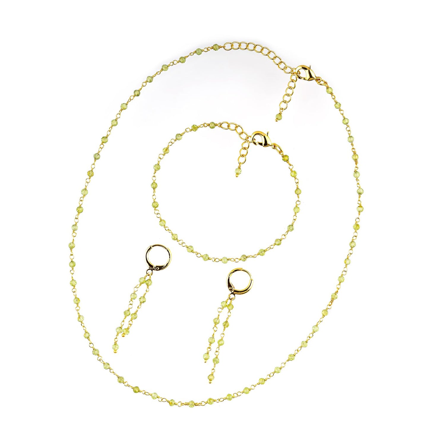 CRYSTALINES (3pcs) Natural Peridot Gemstone Cluster Jewelry Combo Set, 14K Gold Plated, Crystals Beads Rosary Chain, Handmade Bohemian Jewelry - Bracelets, Necklace, Earrings for Women