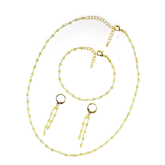 CRYSTALINES (3pcs) Natural Peridot Gemstone Cluster Jewelry Combo Set, 14K Gold Plated, Crystals Beads Rosary Chain, Handmade Bohemian Jewelry - Bracelets, Necklace, Earrings for Women