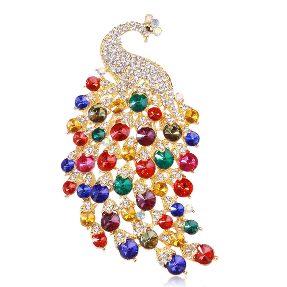 Rhinestone Peacock Brooch Pin for Women Girls Fashion Exquisite Exaggerated Big Crystal Bird Animal Brooches Lapel Pins Elegant Dress Accessories Wedding Christmas Birthday Jewelry Gift (Gold-Tone)