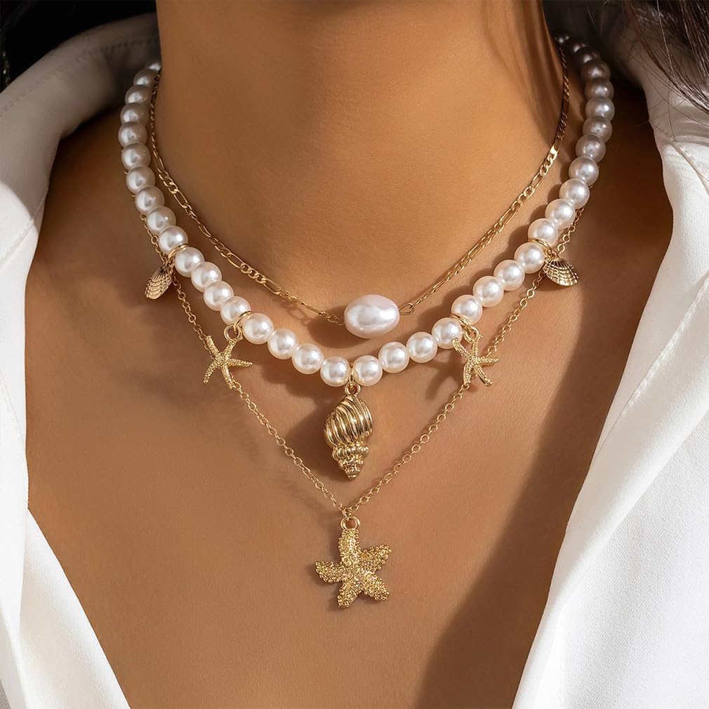 Chunky Gold Layered Pearl Starfish Statement Necklace Dainty Beach Pearls Beaded Seashell Choker Stacked Conch Sea Shell Necklaces Trendy Hawaiian Beachy Jewelry for Women (Gold)