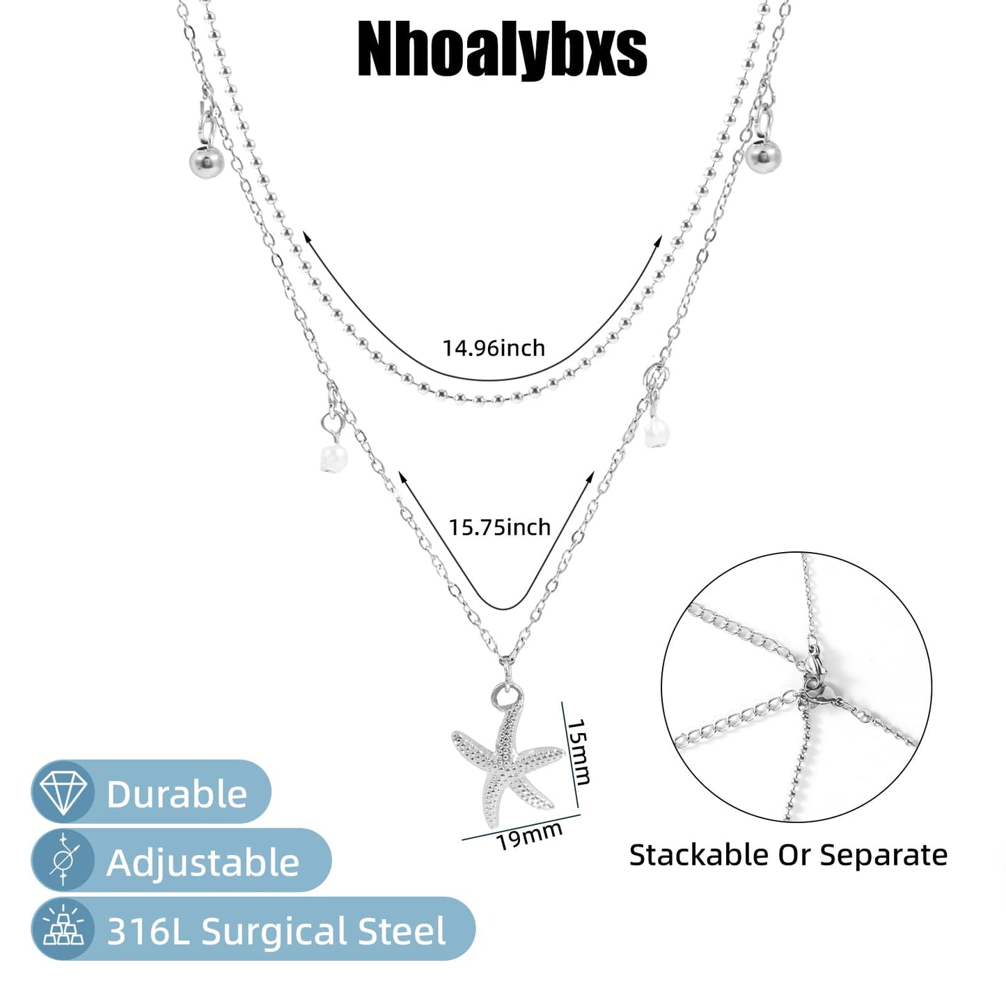 Starfish Shell Necklace for Women,14k Gold Plated Silver Layered SeaShell Pearl Pendant Charm Necklaces Dainty Non Tarnish Adjustable Waterproof Beaded Necklace Stack Jewelry for Summer Beach Vacation (Silver Starfish Necklace)