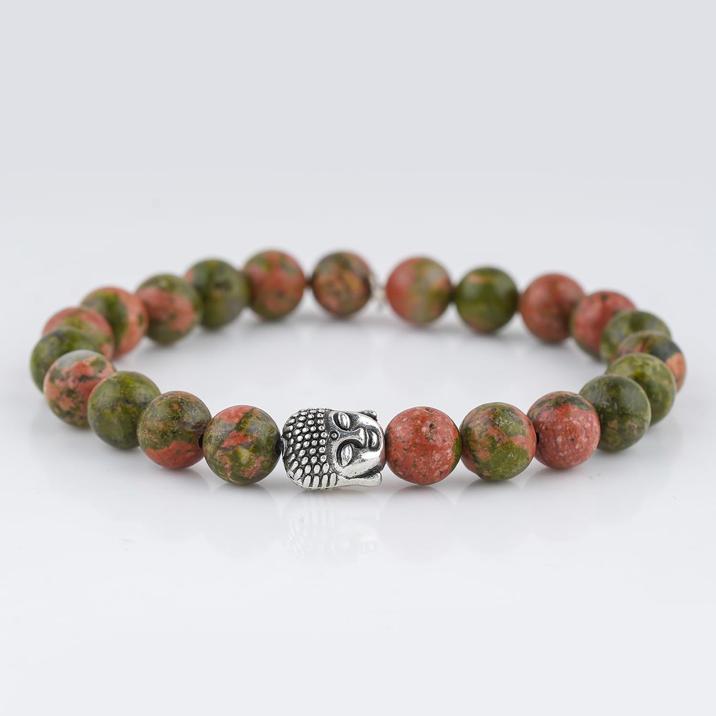CRYSTALINES Buddha Charm Stretchable Braceclet, Natural Unakite Jasper Gemstone Beads, Plain Round Stones, Handmade Boho Strech Bracelet, Adjustable Spiritual Healing Crystal Unisex Jewelry Gift