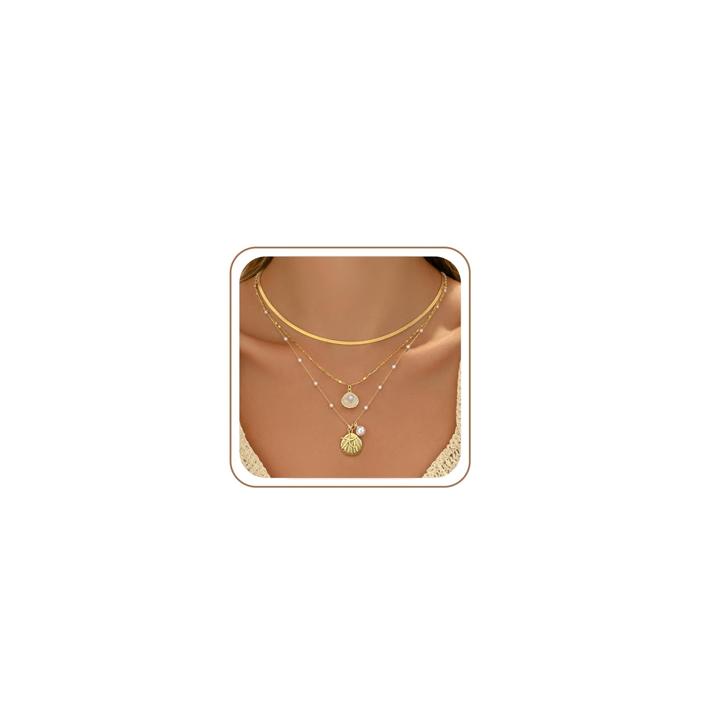 iF YOU Gold Necklace for Women, Layered Gold Seashell Necklace Set, Beach Themed Charm Necklace with Starfish and Flower Pendants, Dainty Gold Jewelry for Women (GOLD-01)
