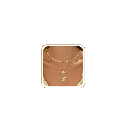 iF YOU Gold Necklace for Women, Layered Gold Seashell Necklace Set, Beach Themed Charm Necklace with Starfish and Flower Pendants, Dainty Gold Jewelry for Women (GOLD-01)