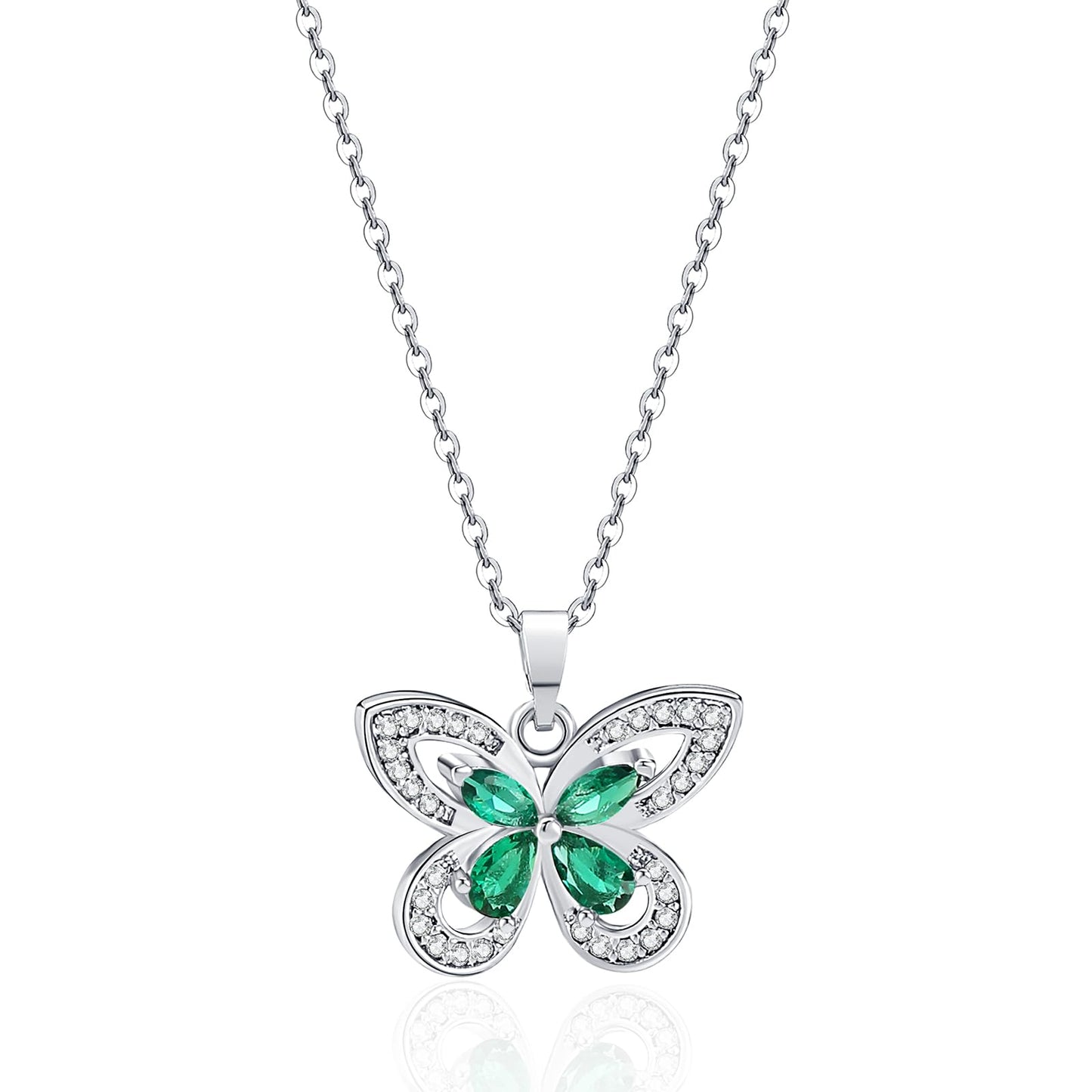 crataly Emerald Butterfly Necklace For Women-Silver Plated May Birthstone Necklace For Valentine's Day Mother's Day Christams Birthday Gifts