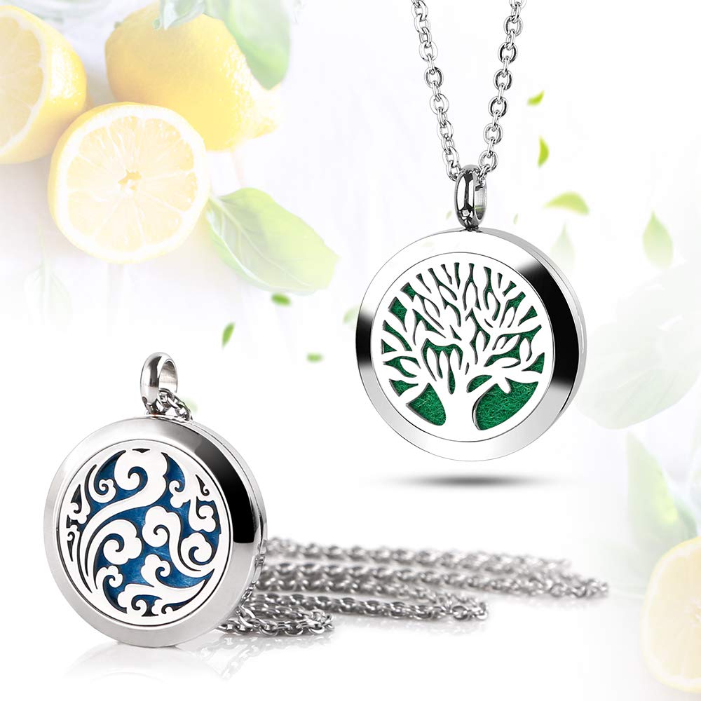 RoyAroma 2PCS Aromatherapy Essential Oil Diffuser Necklace Two Patterns Pendant Locket Jewelry,23.6" Adjustable Chain Stainless Steel Perfume Necklace Gift for Mother's Day