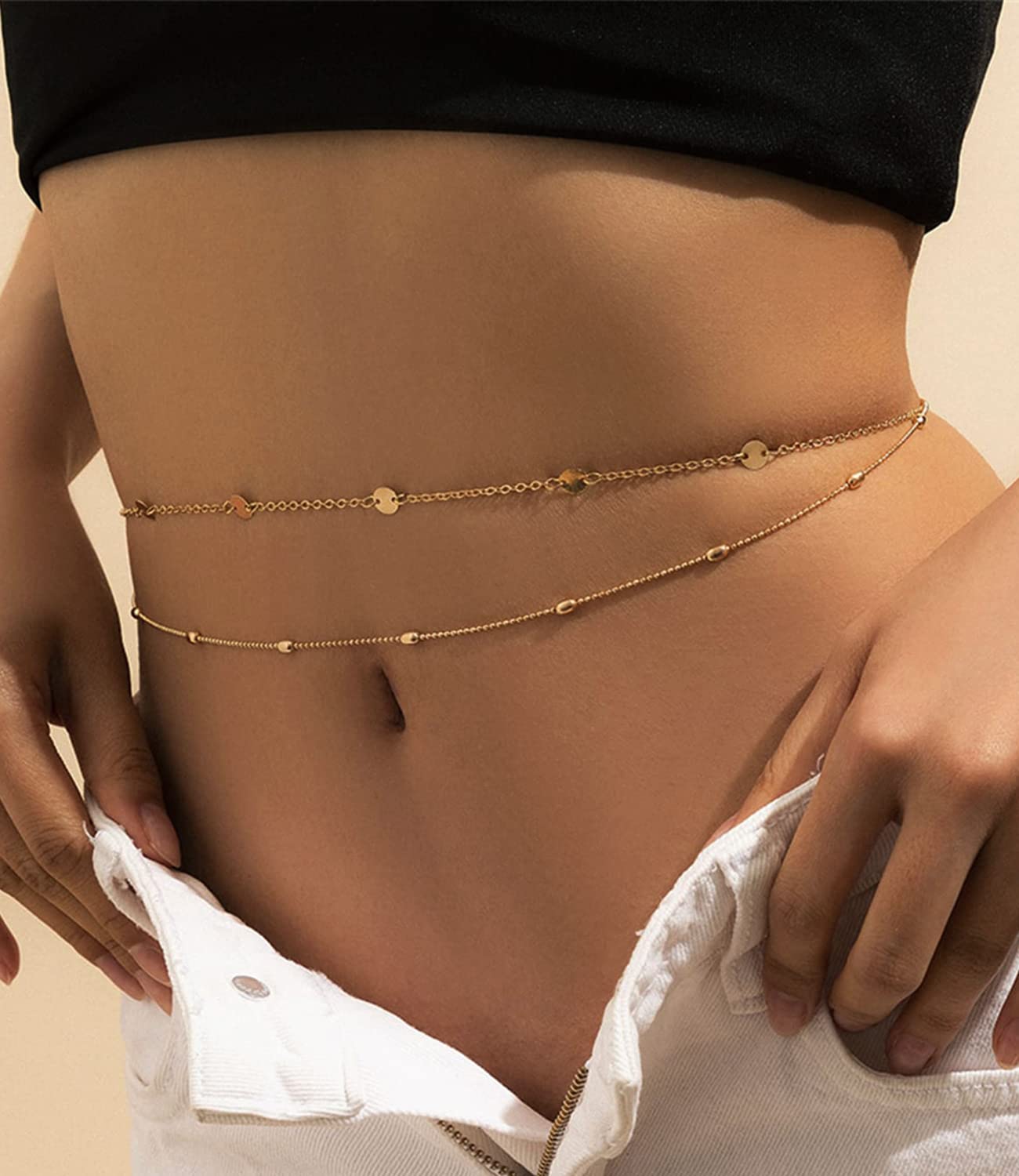 Honsny 2PCS 25-43Inch 18K Gold Plated Waist Chain Minimalist Pearl Belly Body Chain Gold Layered Sexy Bikini Body Chains Waist Jewelry for Women