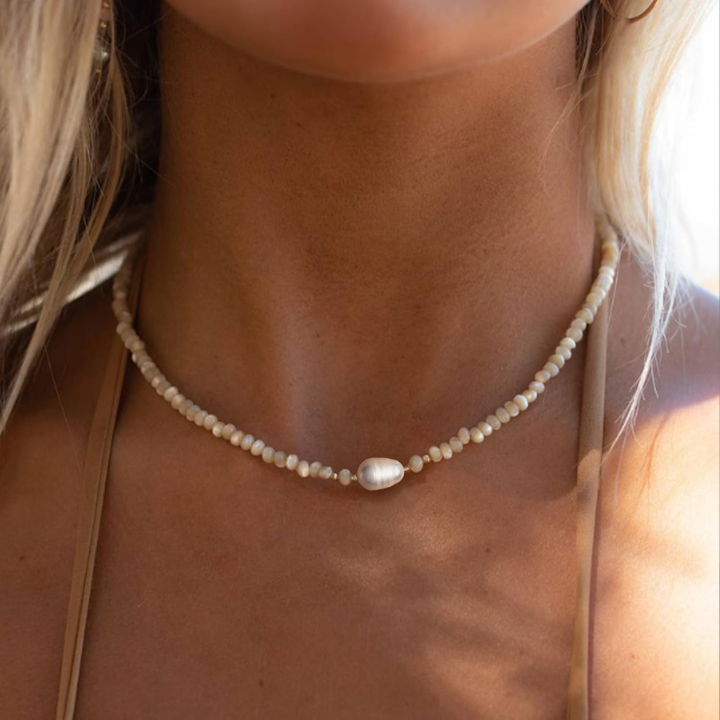 ERNAULO Beaded Necklaces for Women Seashell Beach Necklace with Freshwater Pearl 14K Gold Plated Boho Summer Handmade Jewelry CK-Seashell-beige