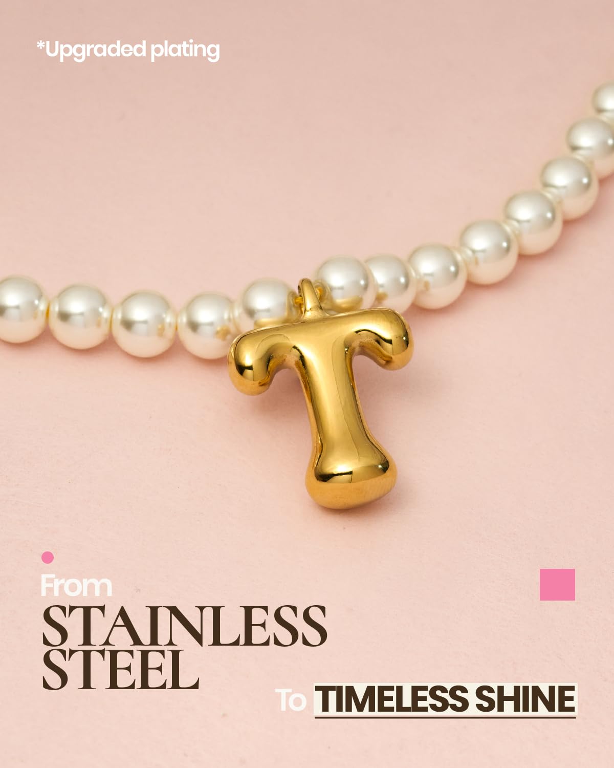 DoDoBeads Pearl Initial Necklace, 18K Gold Plated Stainless Steel Balloon Letter Pendant T, Non-Tarnish Waterproof Chunky Monogram Jewelry Gifts for Women Teens
