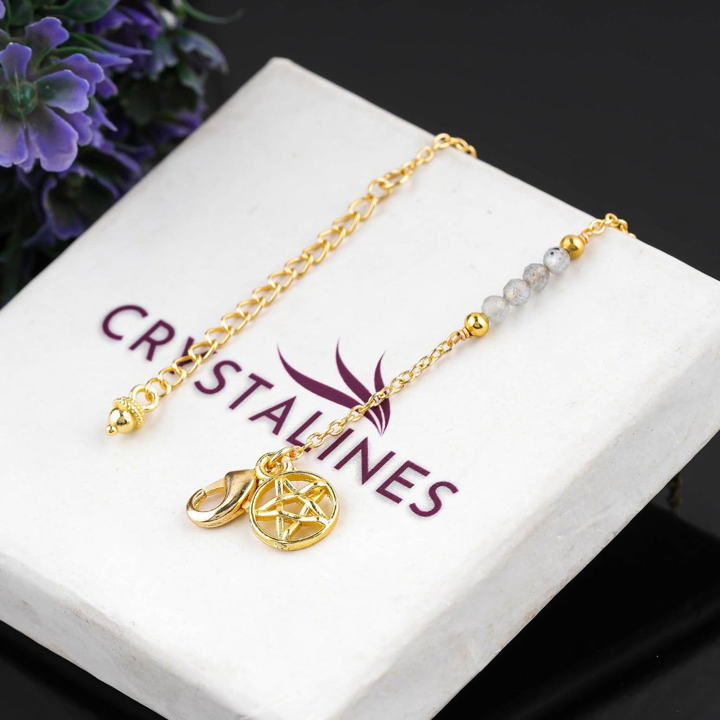 CRYSTALINES Natural Labradorite Gemstone Beads, Handmade Station Dangle Star Charms Anklet, 14K Gold Plated, Adjustable Fashion Boho Jewelry for Women, Healing Crystals, Christmas Gift