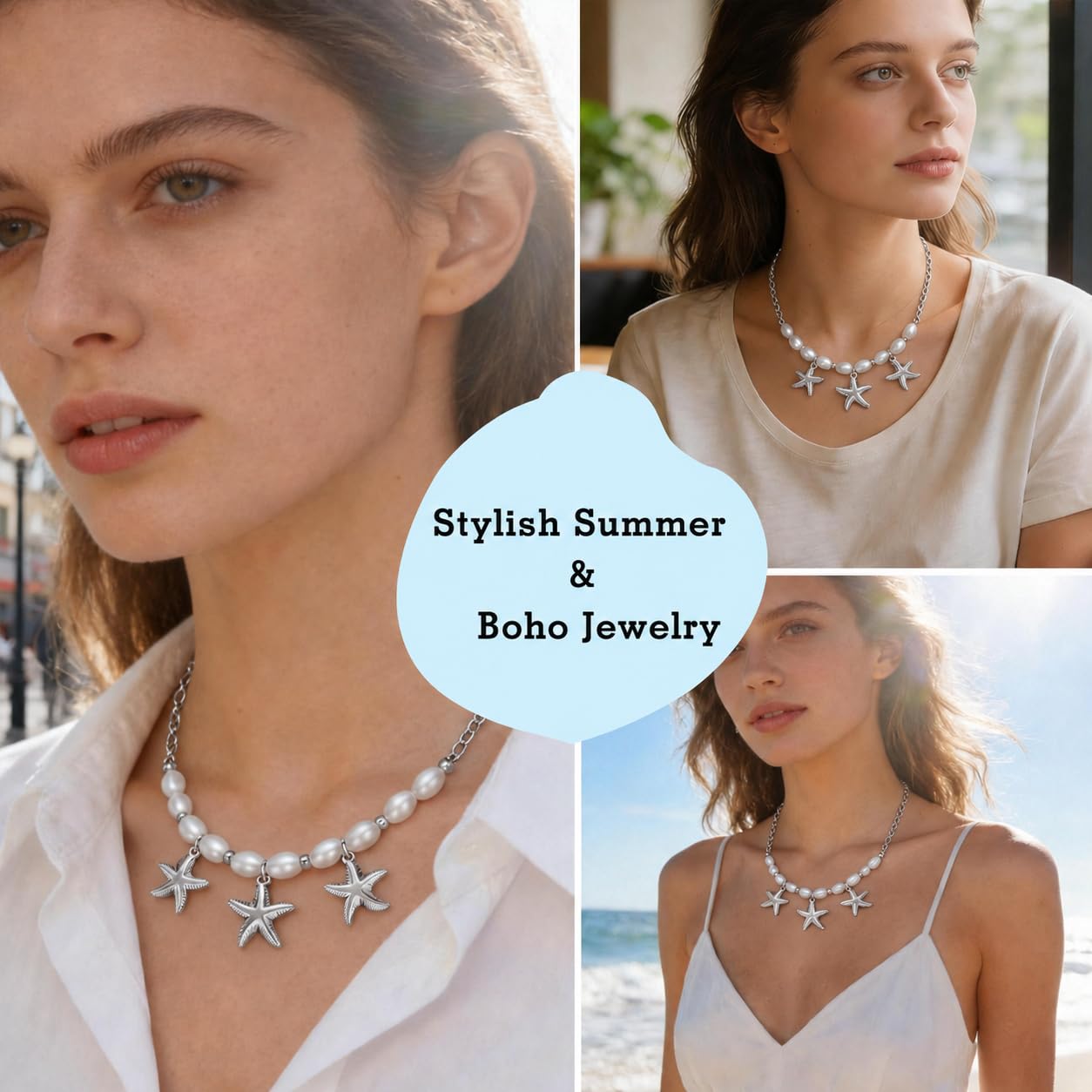 Starfish Necklace for Women: 14K Gold Plated 3-Piece Pendant with 10 Simulated Pearls on Stainless Steel Chain | Cute Boho Beach Jewelry Gift for Summer (Silver)