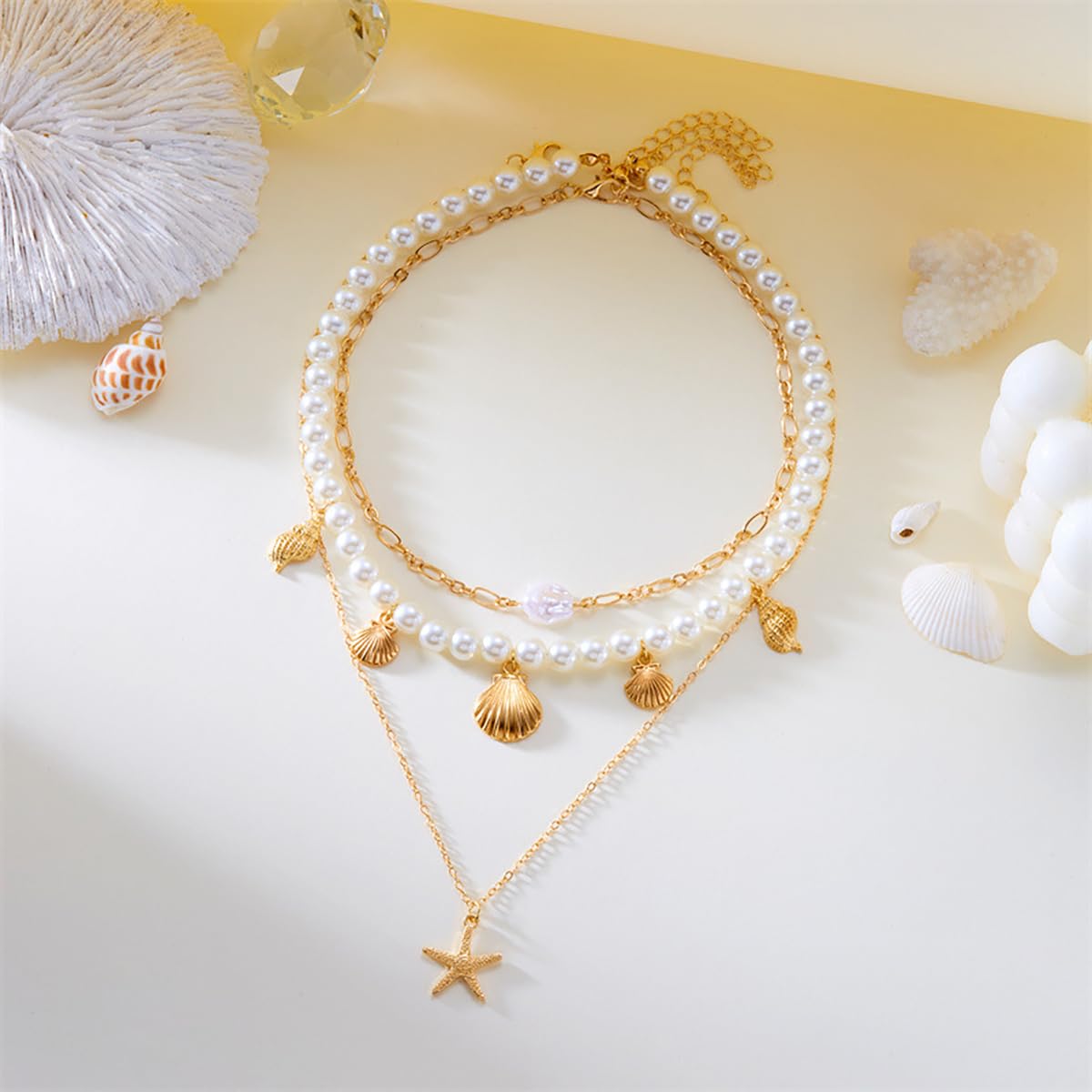 Boho Multi-layered Shell Starfish Necklace Layered Pearl Pendant Choker Necklace Fashionable Clavicle Chain Necklace Seaside Beach Vacation Jewelry for Women (Starfish2)