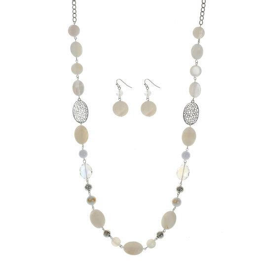 Aenu Beaded Long Necklace Set for Women Silver Gold Tone Sweater Chain Stone Crystal Beads Necklace Trendy Fashion Jewelry for Holiday Gifts (White)