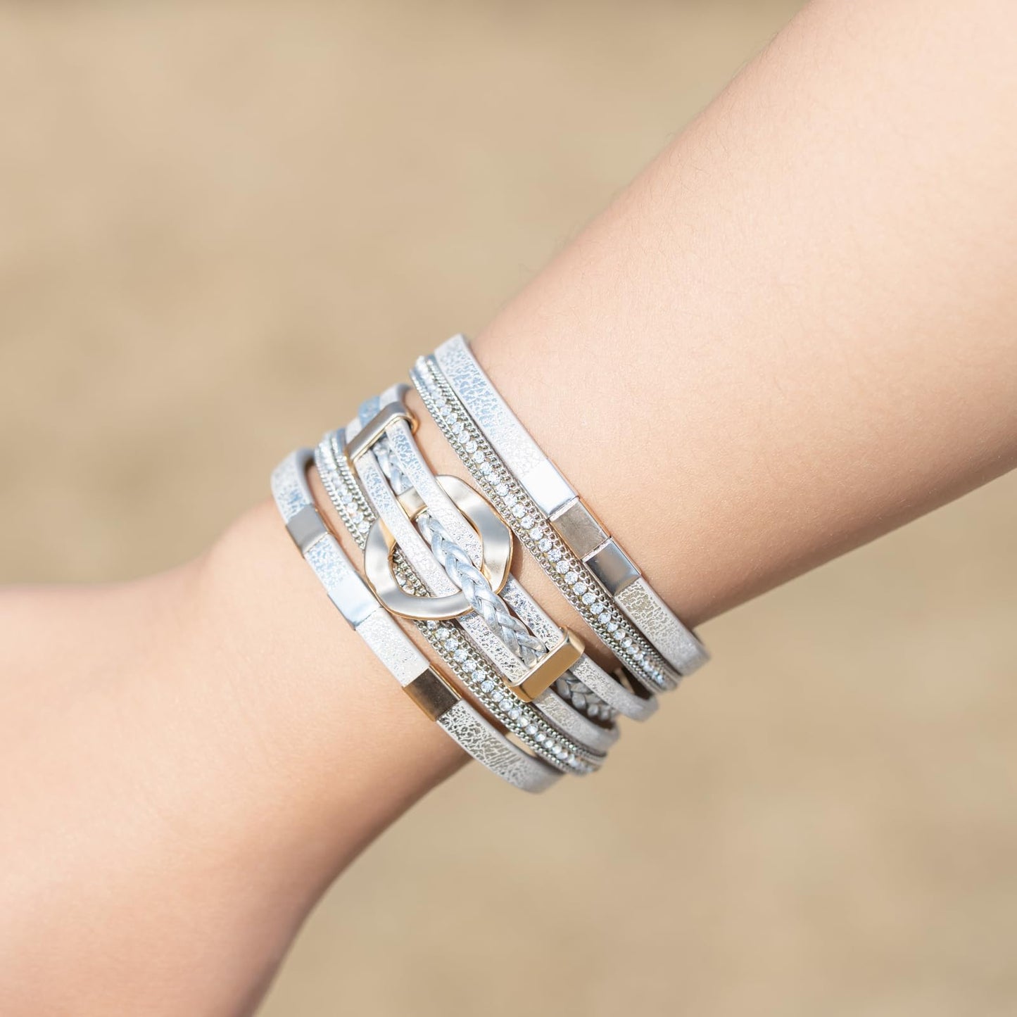 FANCY SHINY Boho Leather Wrap Bracelets Circle Square Bead Braided Handmade Stackable Bracelet Trendy Cuff Bangle for Women(Metallic Gray)