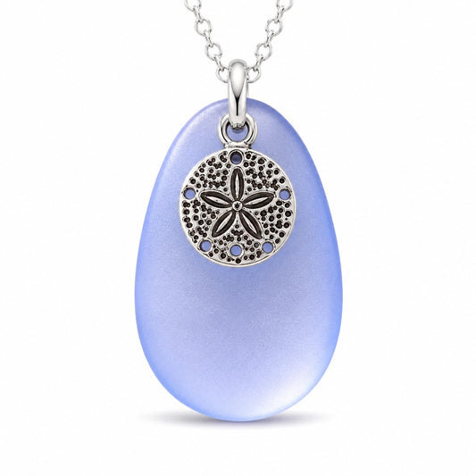 Sterling Silver Sand Dollar Necklace with Blue Sea Glass – Beach Jewelry for Women – Ocean Pendant Gift – Adjustable 18–20" Chain