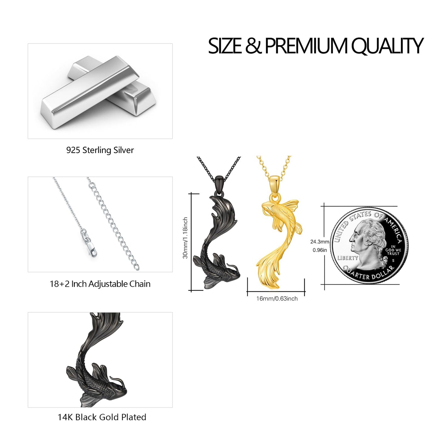 OHAYOO Koi Fish Necklace 925 Sterling Silver Couple Necklace with Koi Fish Pendant Koi Fish Jewelry for Couples Black and Gold