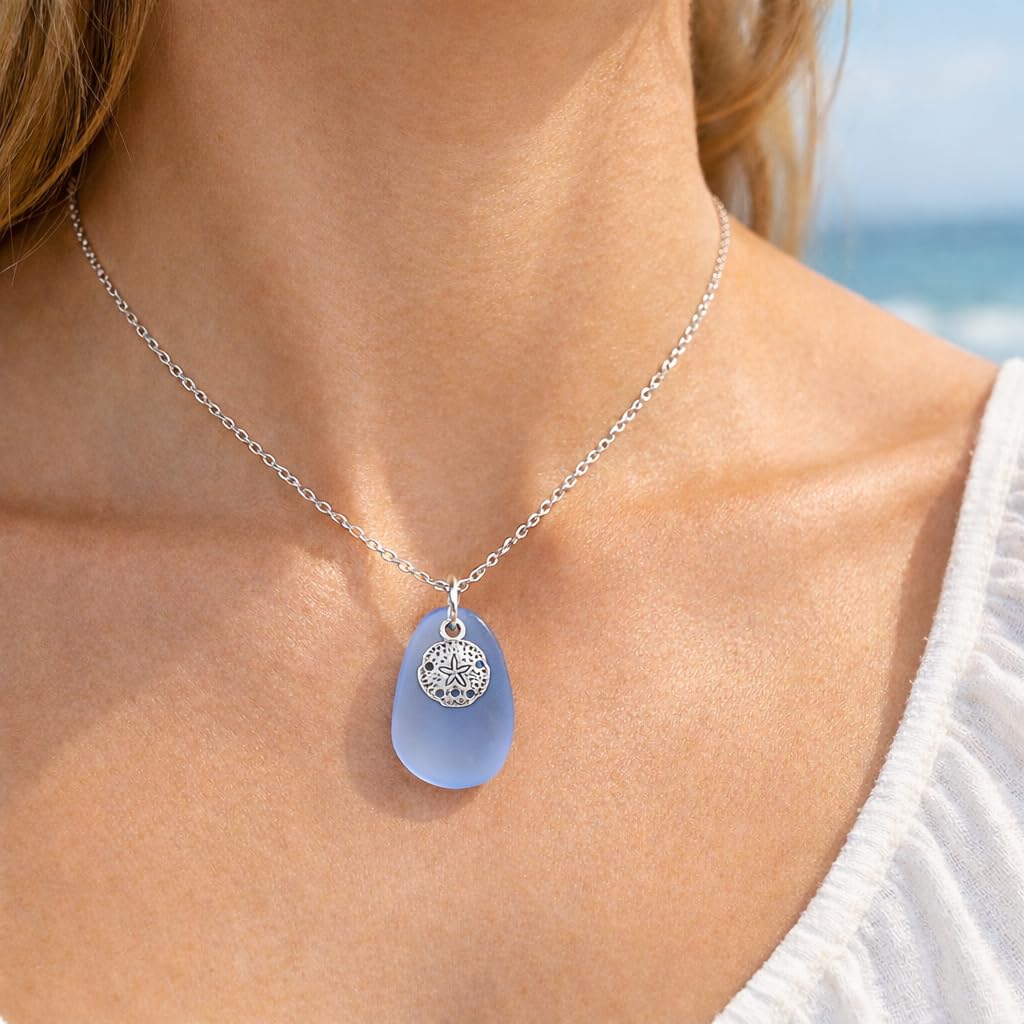 Sterling Silver Sand Dollar Necklace with Blue Sea Glass – Beach Jewelry for Women – Ocean Pendant Gift – Adjustable 18–20" Chain