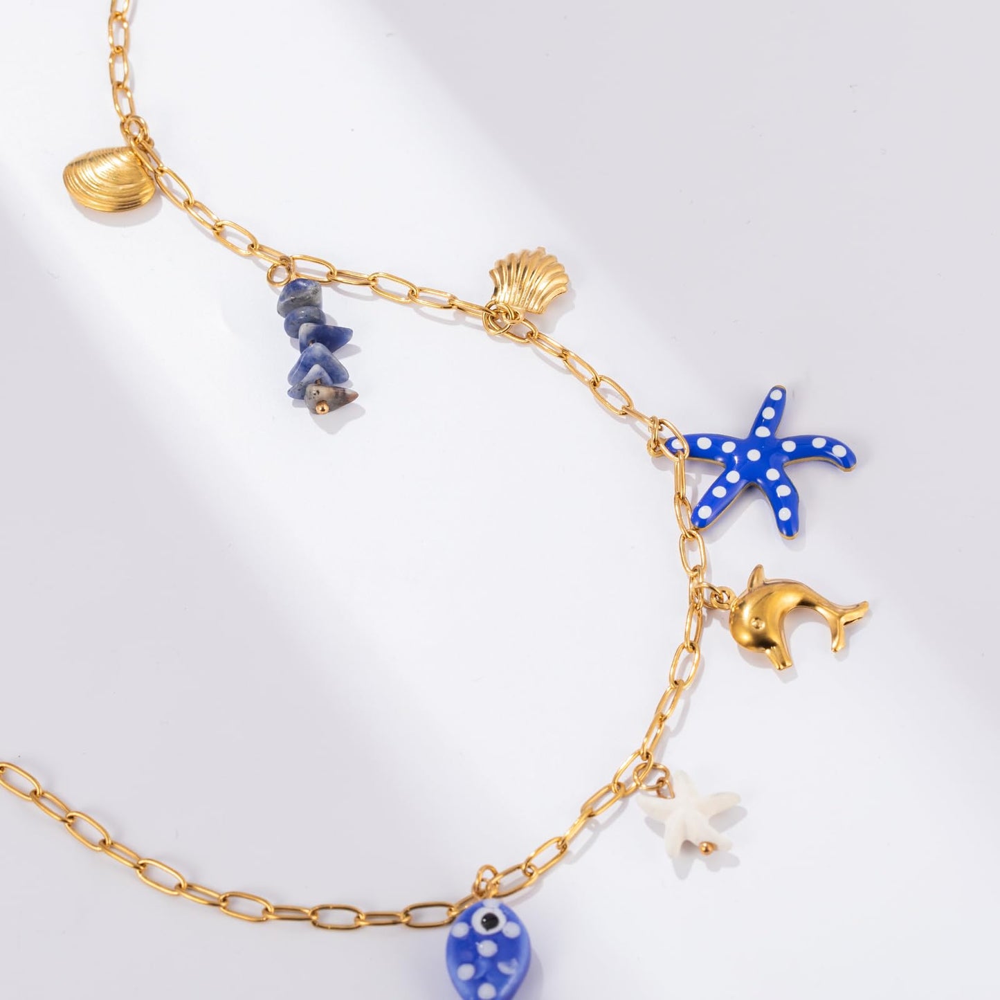 Chunky Gold Necklace Statement Boho Beach Ocean Summer Stainless Steel Jewelry Shell Starfish Turquoise Dolphin Pearl Sun Flower Wave Heart Fish Charm Choker Necklaces for Women(Blue Starfish)