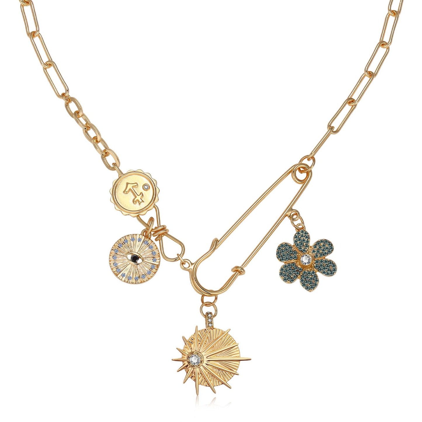 BONJOULRY Charm Necklace for Women Gold Sun Flower Evil Eye Good Luck Pendent Necklace Chunky Paperclip Third Eye Amulet Necklace for Women Flower
