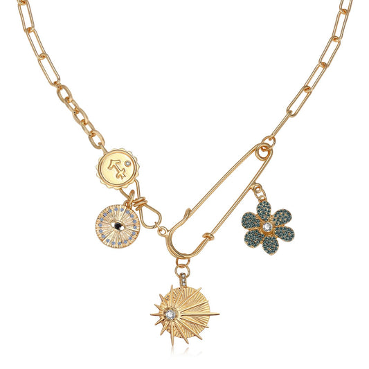 BONJOULRY Charm Necklace for Women Gold Sun Flower Evil Eye Good Luck Pendent Necklace Chunky Paperclip Third Eye Amulet Necklace for Women Flower